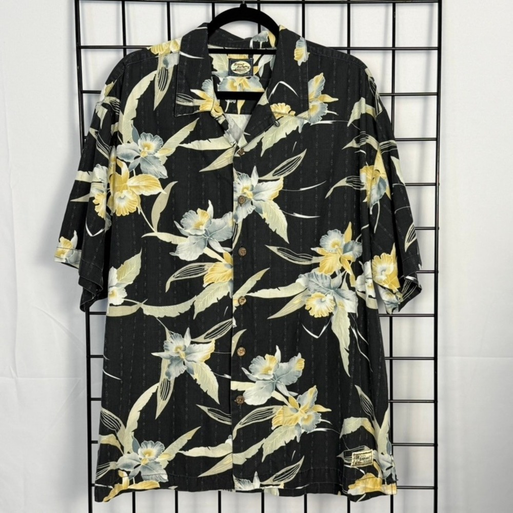 Vintage Tommy Bahama Camp Shirt Mens XXL Black Floral Orchid Silk Beach Jacquard